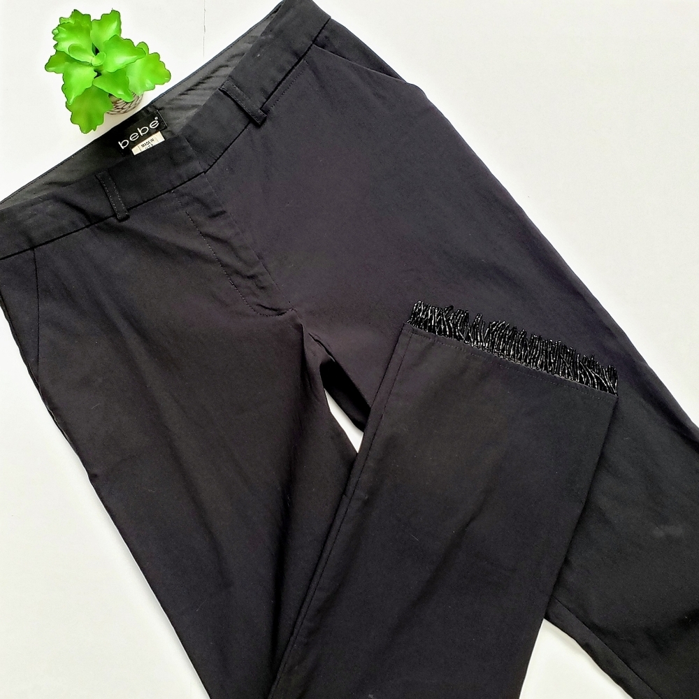 Bebe Vintage Black Beaded Fringe Trim Cropped Trouser Pants Size 6